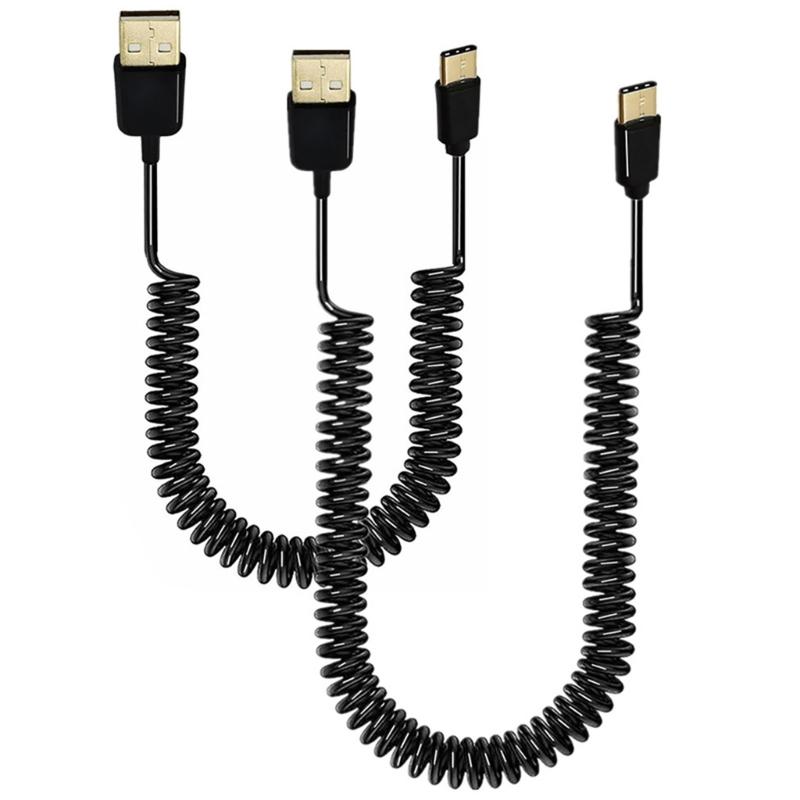 USB Type C Cable Coiled Spring Spirals Type-C Male to USB 2.0 Male Extension Cord Data Sync Charger Cable for Phone