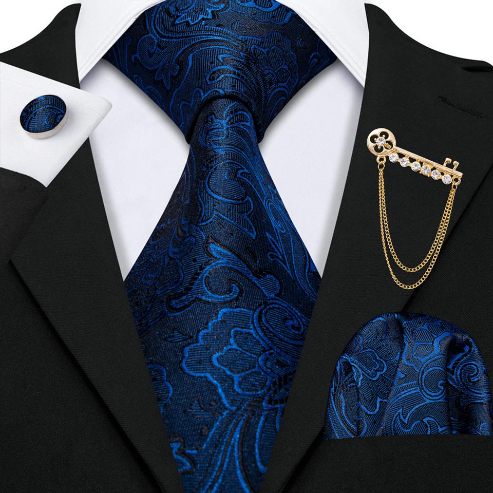 Barry.Wang Tie with Brooches for Men Paisley Flower Necktie Hanky Cufflinks Set Wedding Designer Formal