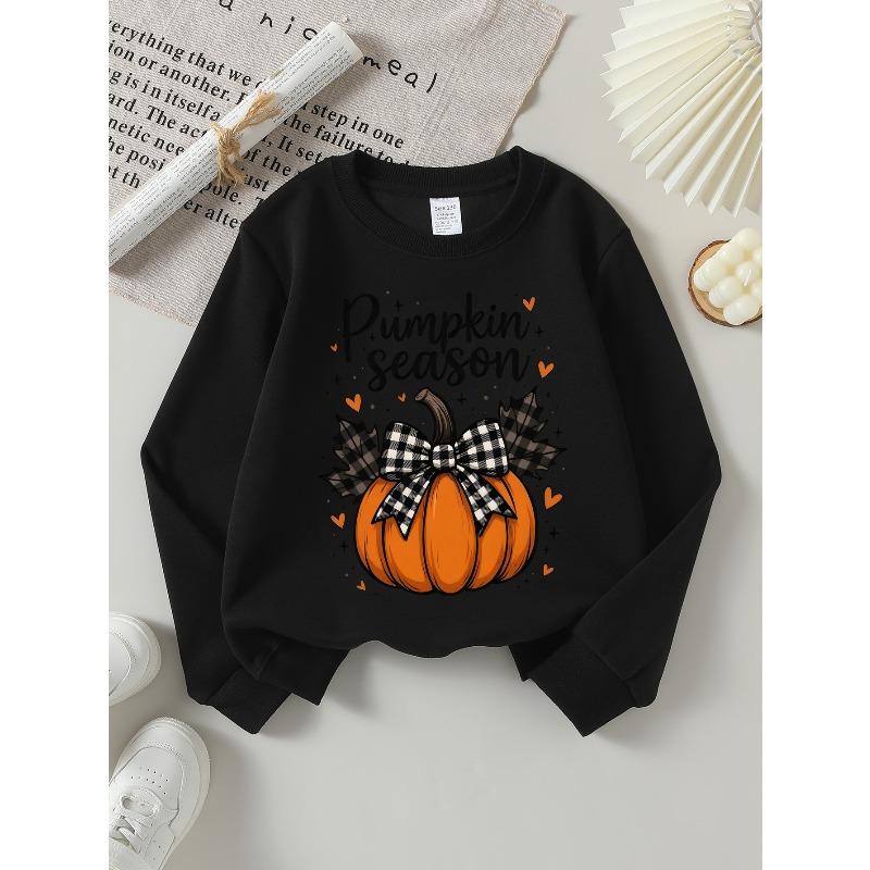 Pumpkin Season Bow Decor Girls' Crew Neck Fashion Sweatshirt, Autumn and Winter Western Style Top, Children's Long Sleeved T-shirt