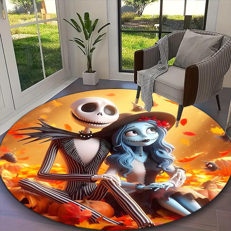 1pc Jack Skellington Nightmare Pastel Floral Blue Printed Chair Rug for Home Office Use, Living Room Kitchen Game Room Round Carpet