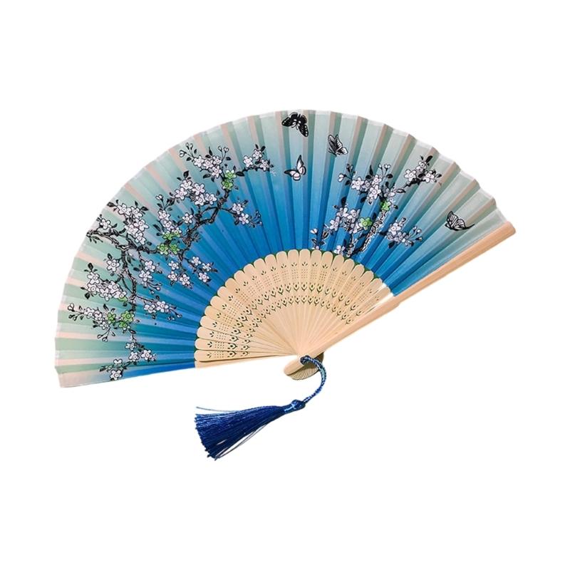 Éventail traditionnel chinois vintage avec pompons Éventail pliant portable Éventail de danse pour femmes Mariages Bals de fin d'études Photographie