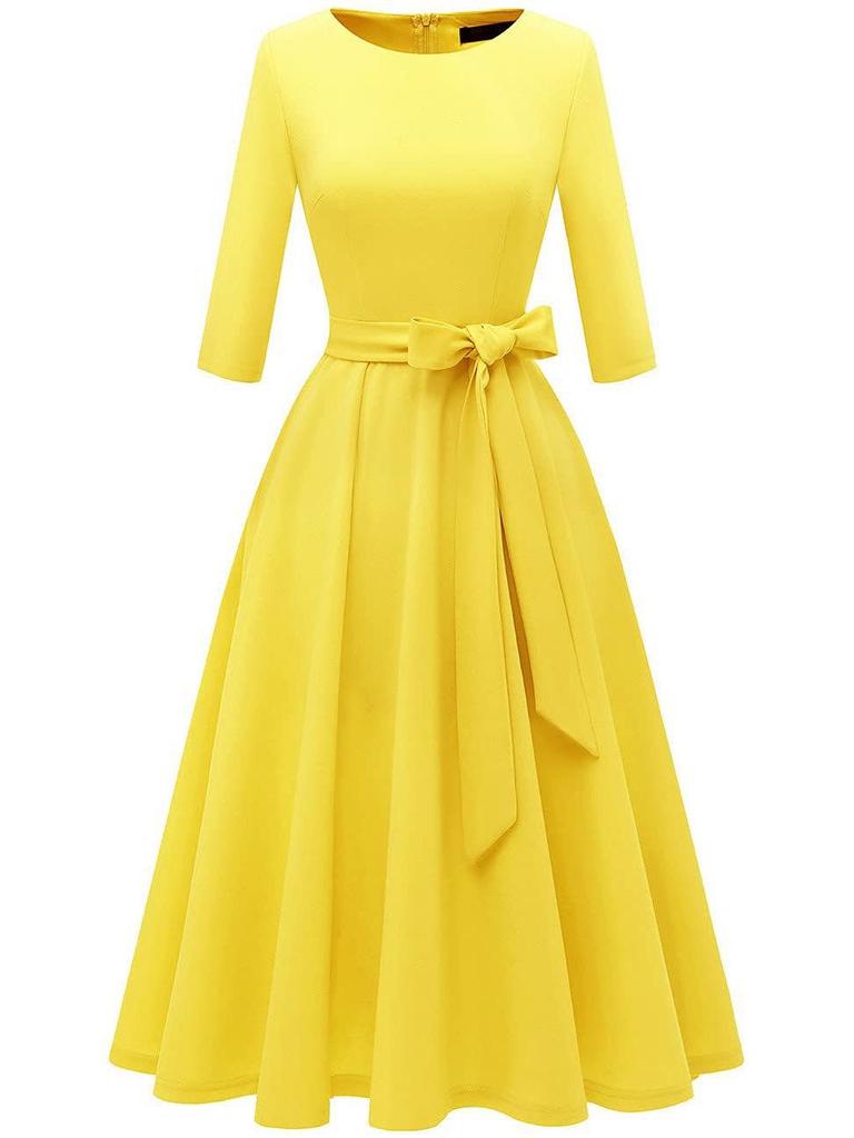 Garden Collar Seven-Sleeve Women's Evening Gown with Wide Hem Skirt - Solid Color Vacation Dress