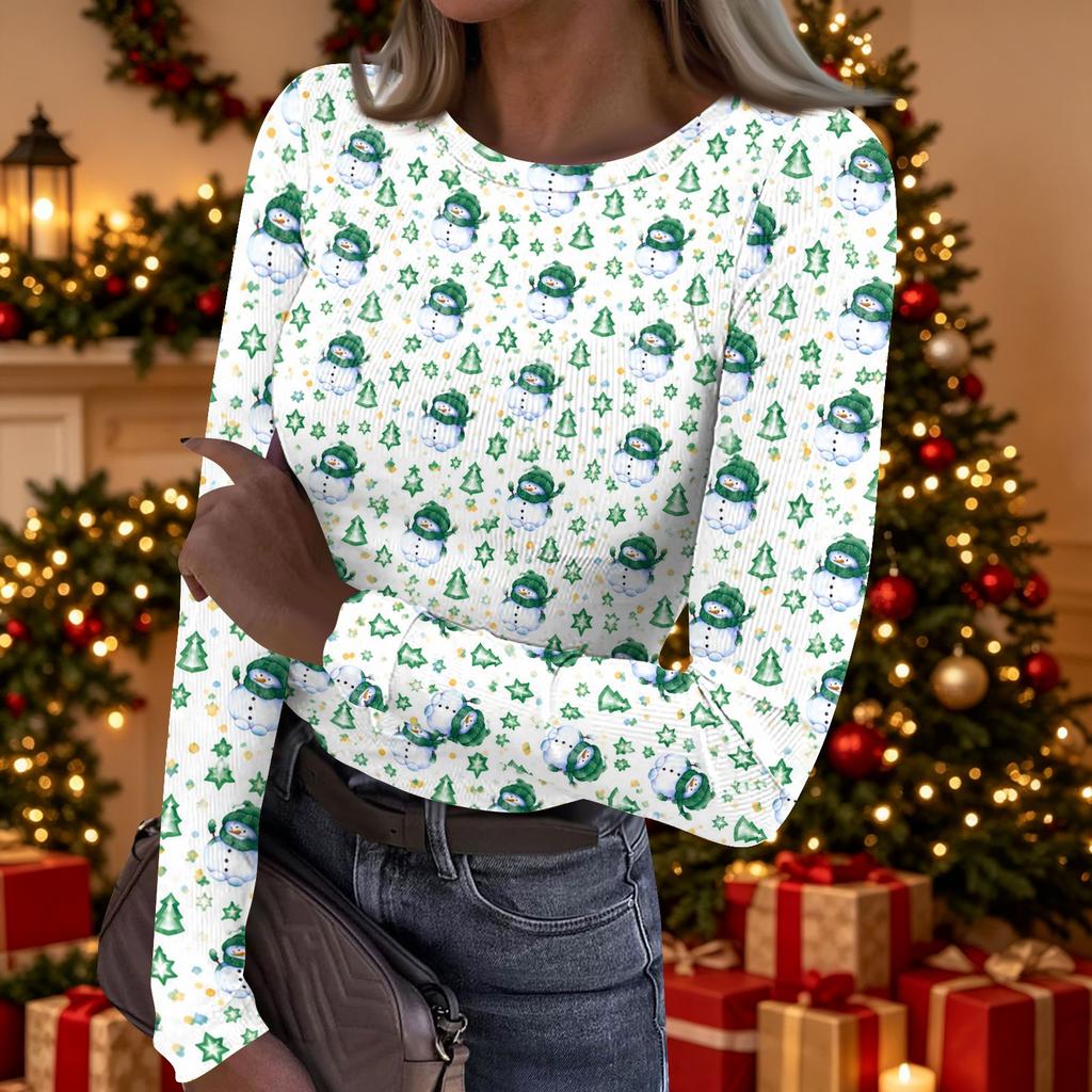 Women's Casual Christmas Print Long Sleeve Top for Holiday Party and Everyday Wear