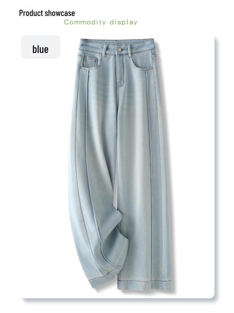 Damskie Jeansy Szerokie nogawki 2024 Light Retro - Plus Aksamit, Pogrubione, Luźny Draping, Proste Nogawki, Jesień/Zima.