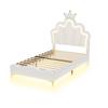 Letto Matrimoniale Piatto 90*200cm, Letto Principessa a Forma di Corona, Rivestimento Morbido in Ecopelle PU, Striscia LED Ambientale Regolabile, Bianco
