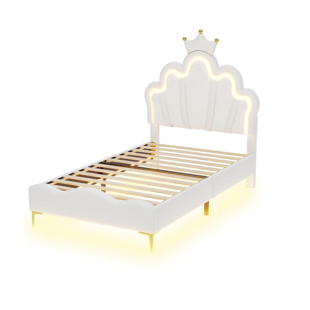Letto Matrimoniale Piatto 90*200cm, Letto Principessa a Forma di Corona, Rivestimento Morbido in Ecopelle PU, Striscia LED Ambientale Regolabile, Bianco