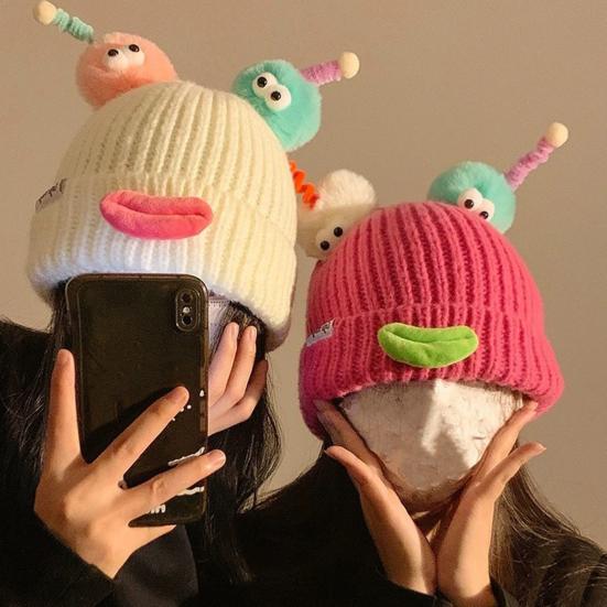 Sausage Mouth Knitting Hat Cartoon Plush Doll Decor Warm Cozy Plush Doll Hat Cold Weather Winter Headwear
