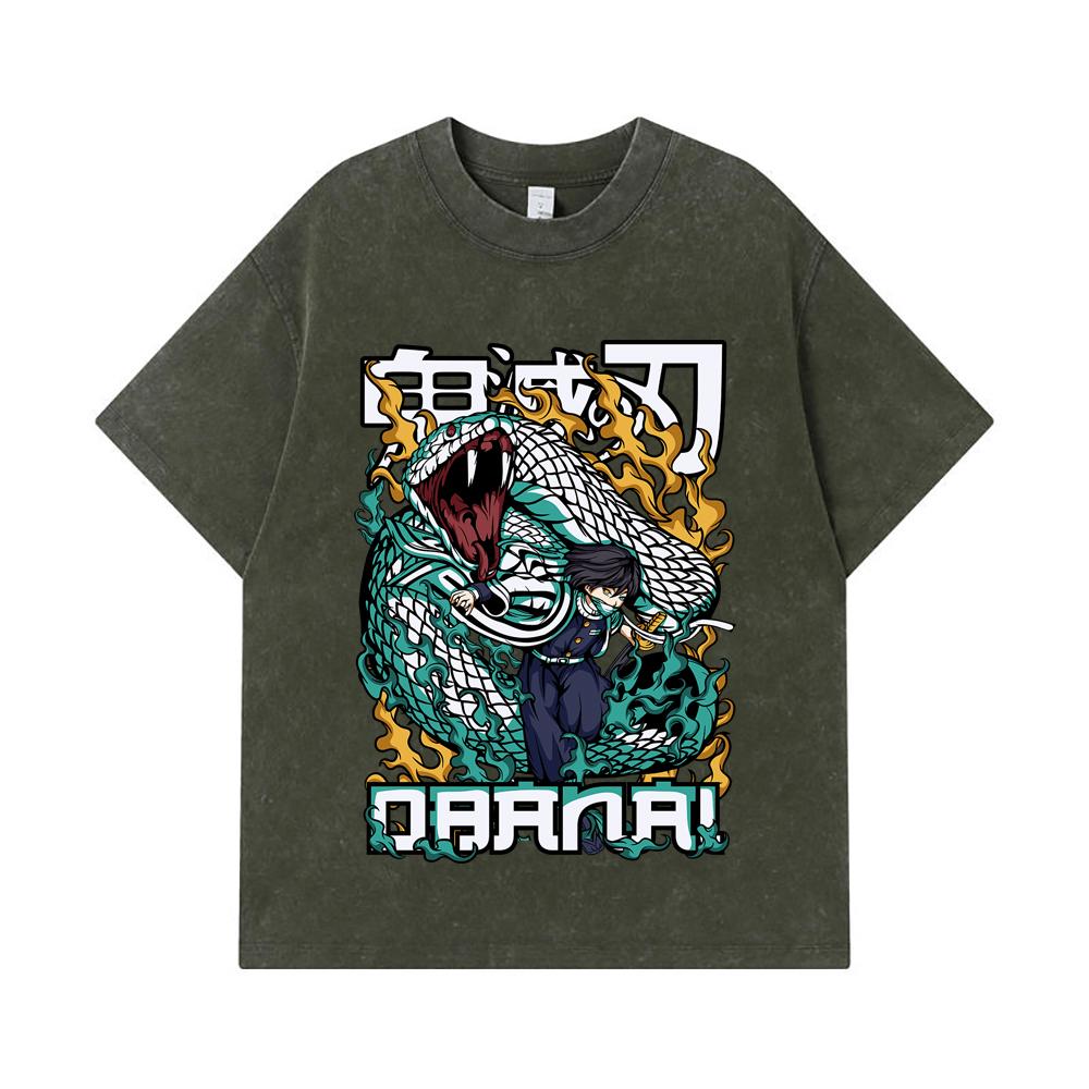 

275 GSM Washed T-shirts 100% Cotton Demon Slayer V103 Obanai Print Unisex Heavy Cotton T Shirt S армия зеленый