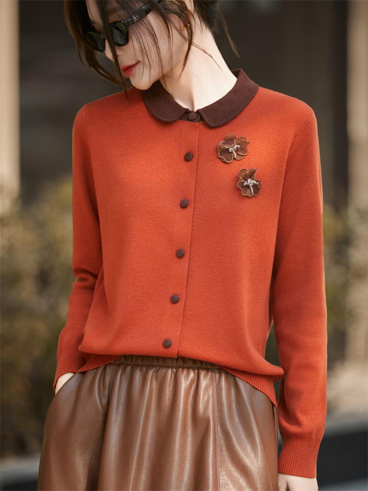 Women's Dark Blue Floral Knit Sweater - Lapel Long Sleeve, Two-Piece Look, Autumn/Winter Style