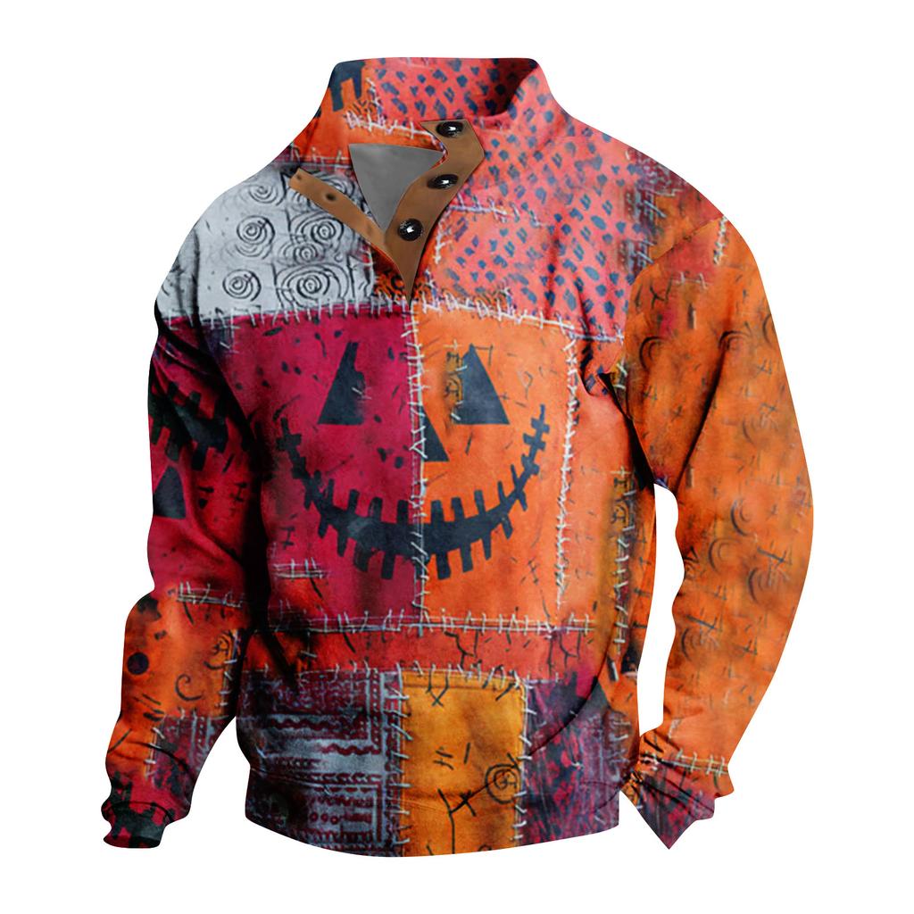 Men's Casual Fashion Christmas Printed Hoodless Sweatshirt Wide Men's Loose Button Stand Collar Hooded Sweatshirt