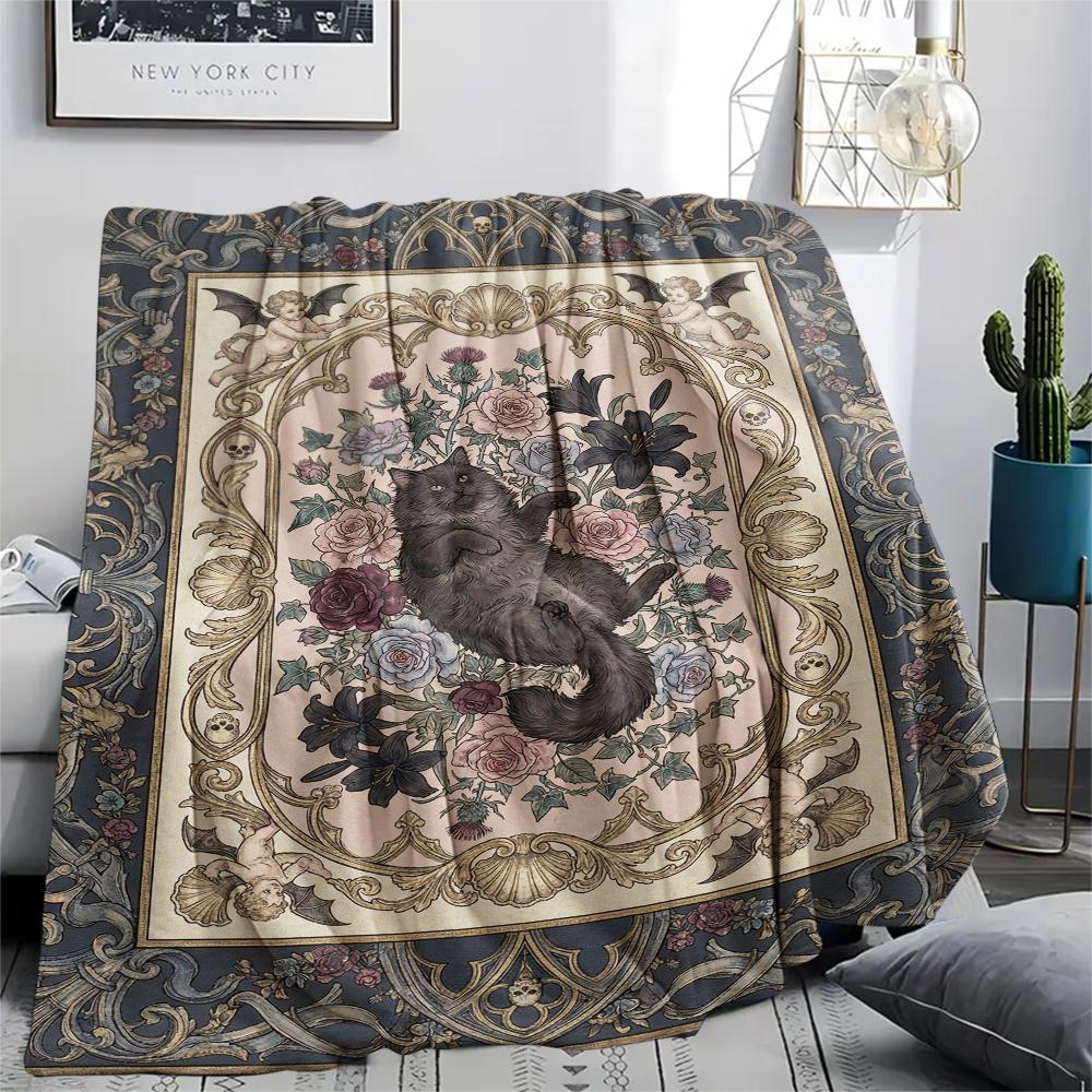 Cat Gothic Print Flannel Blanket, High quality Comfortable for All Seasons, Home Decor, Warmth and Comfort, Perfect for Christmas Gifts07