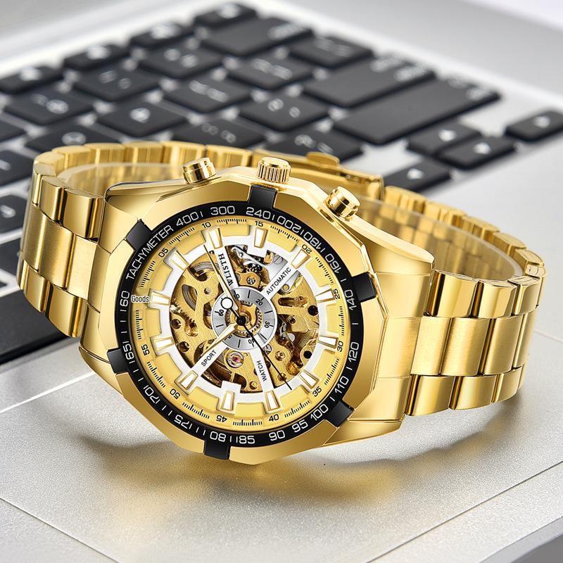 Wolis Men's Gold Waterproof Mechanical Watch - Creative Hollow Design