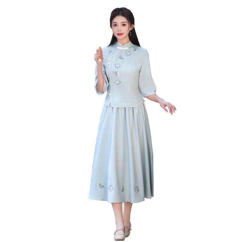 Top Hanfu Cheongsam din Bumbac și In Brodat cu Guler Înalt Retro de Primăvară