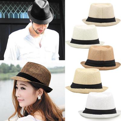 Móda Muži Ženy Slamený klobúk Kontrastná Stuha Fedora Curly Brim Unisex Panama Jazz Trilby Klobúková šiltovka