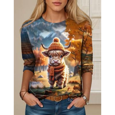 New Women's T Shirt 3D Print Kawaii Animal Graphics Long Sleeve Funny Crew Neck Regular Fit Spring/Fall Thin Style Sweatshirt