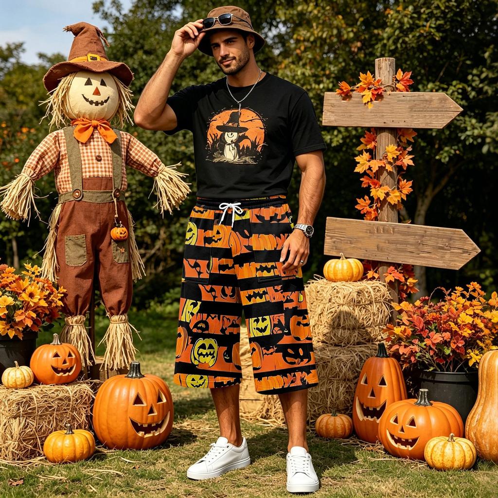 Men's Loose Fit Halloween Print Cargo Shorts with Large Pockets