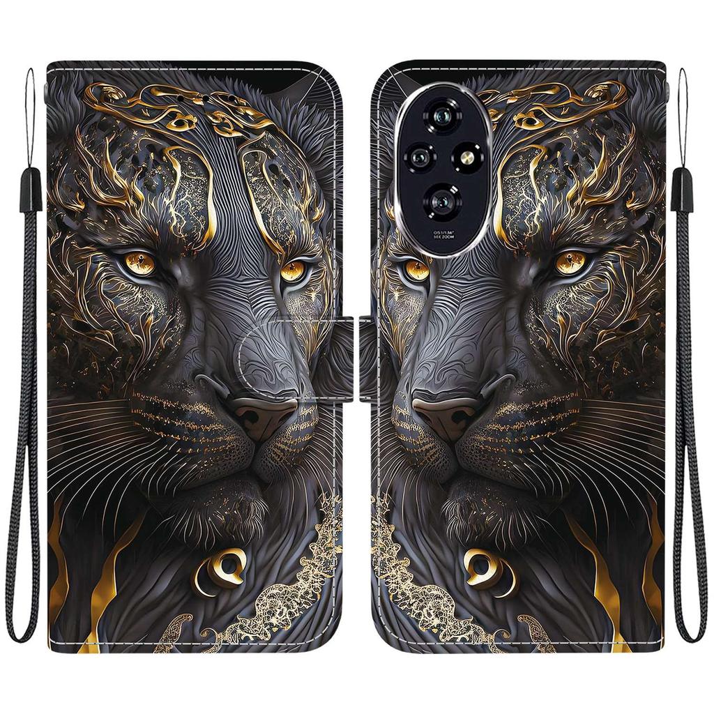 Handmade PU Leather Flip Case for Honor 200/ Honor 200 Pro/ Honor 200 Lite Anti-Slip Shockproof Cover with Wrist Strap & Heart/Rose Cat Designs