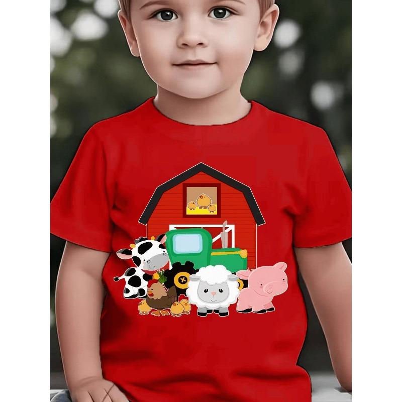 Boys Farm Animals & Tractor Print Crewneck All Season Casual Short Sleeve T-Shirt