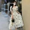 Lined Square Neck Floral Puff Sleeve Dress for Pear-Shaped Women - Long, French Style