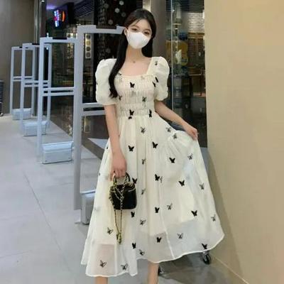 Lined Square Neck Floral Puff Sleeve Dress for Pear-Shaped Women - Long, French Style
