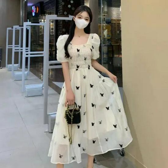 Lined Square Neck Floral Puff Sleeve Dress for Pear-Shaped Women - Long, French Style