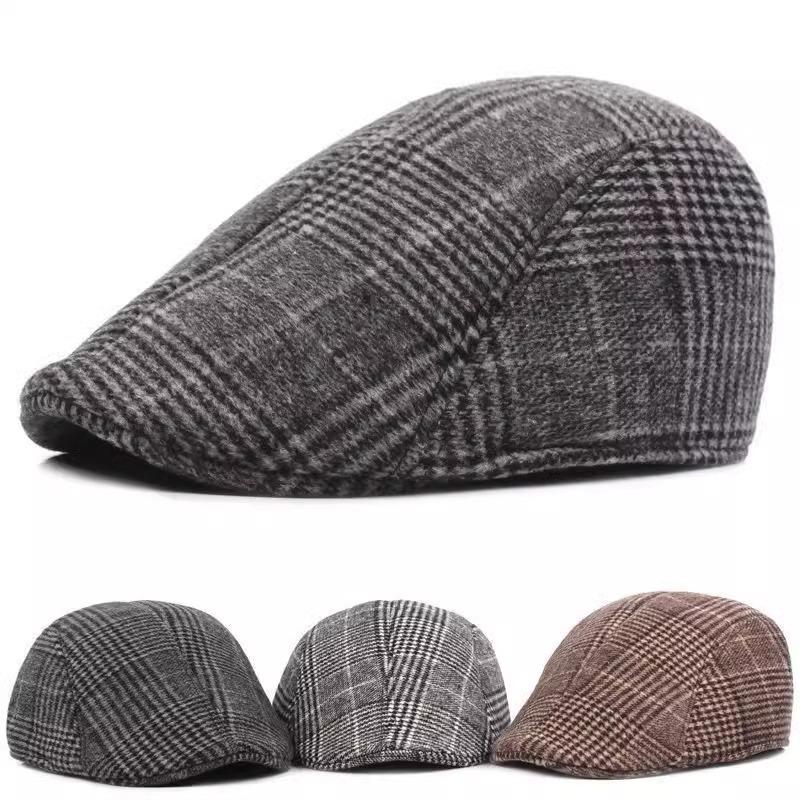 Hat Autumn and Winter Men's Baseball Cap Versatile Plaid Front Hat Men's Wool Beret Retro Casual British Melon Hat