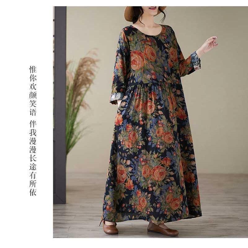 Printed Round Neck Loose Plus Size Long Sleeve Dresses for Women