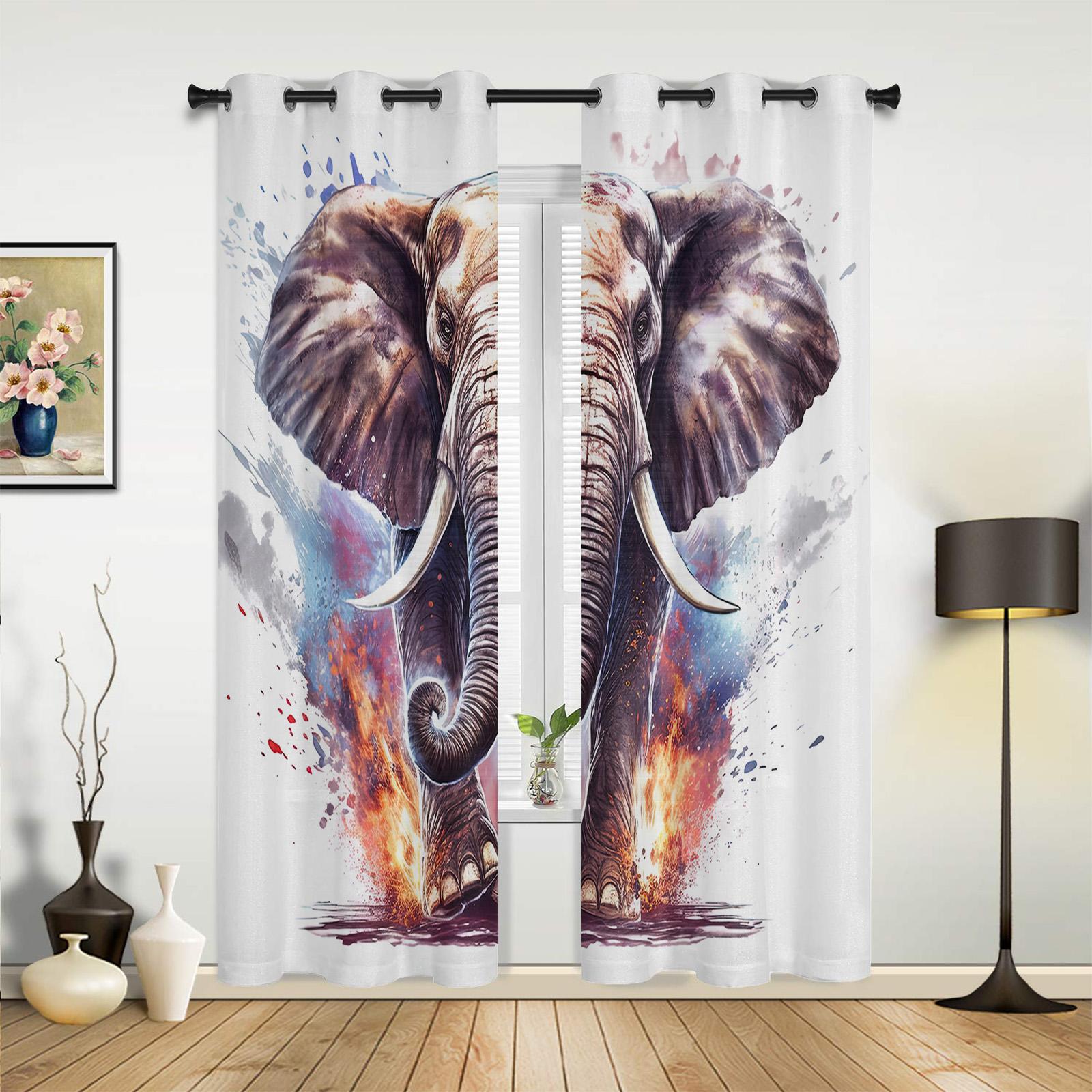Акварельные шторы с изображением слона и животного для спальни — фото 3