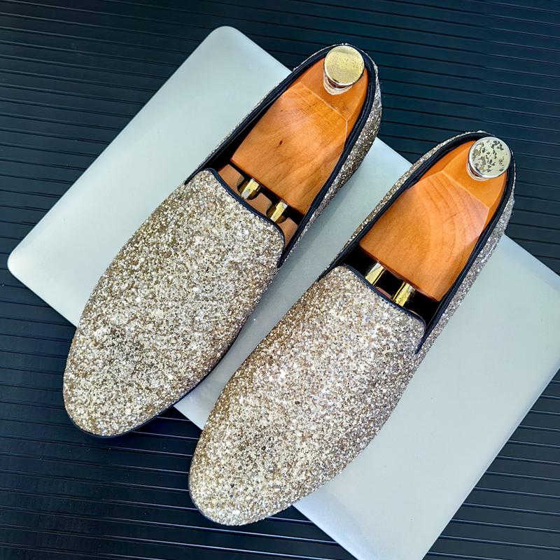 Fashion Luxury New Designer New Men's Gold Silver Glitter Sequin Slip On Casual Shoes Formal Wedding Dress Homecoming Loafers Zapatos