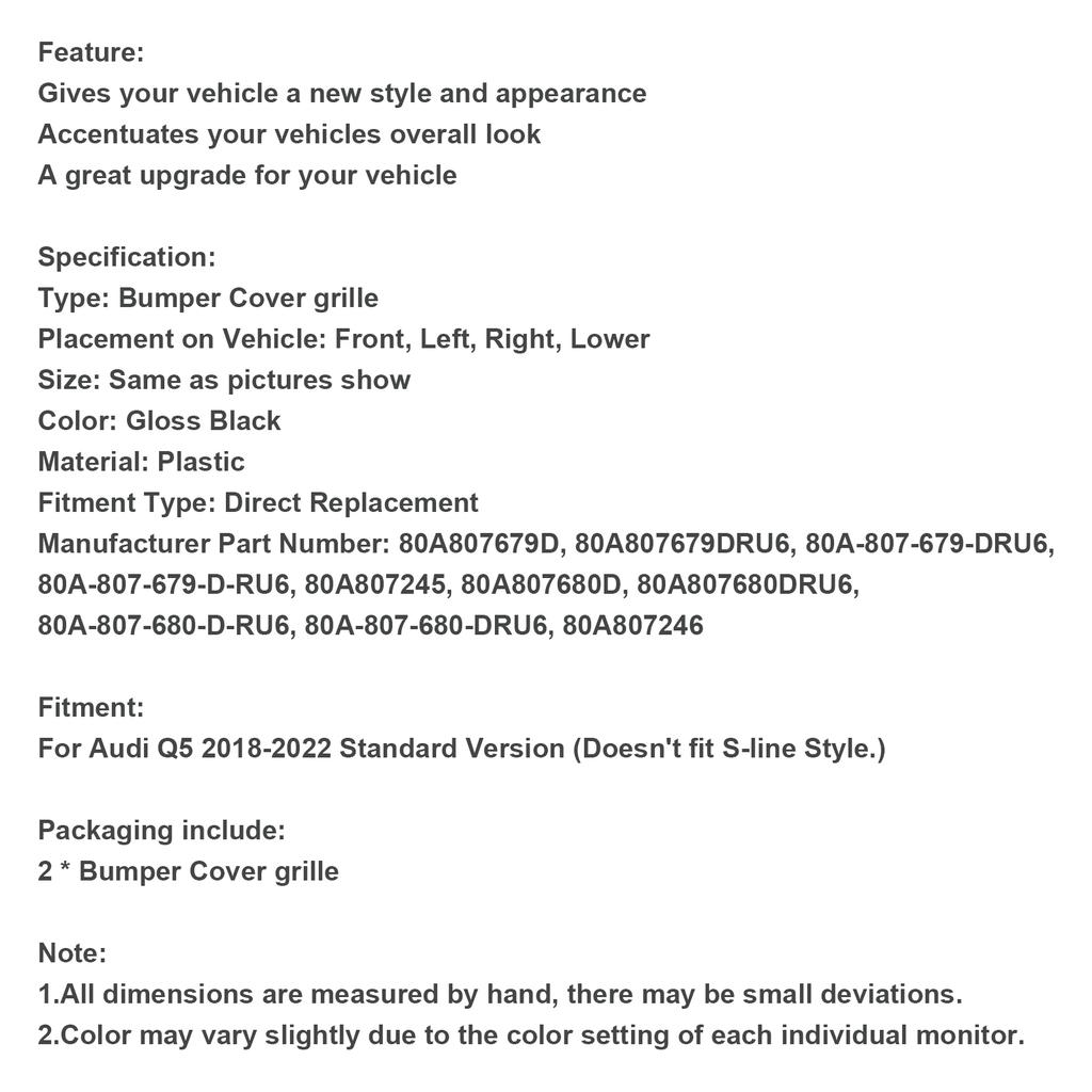 2 STÜCK Stoßfängerabdeckung Gitter Grill Blende Einsatz 80A807679D 80A807679DRU6 Passend für Q5 2018-2022 Maschen