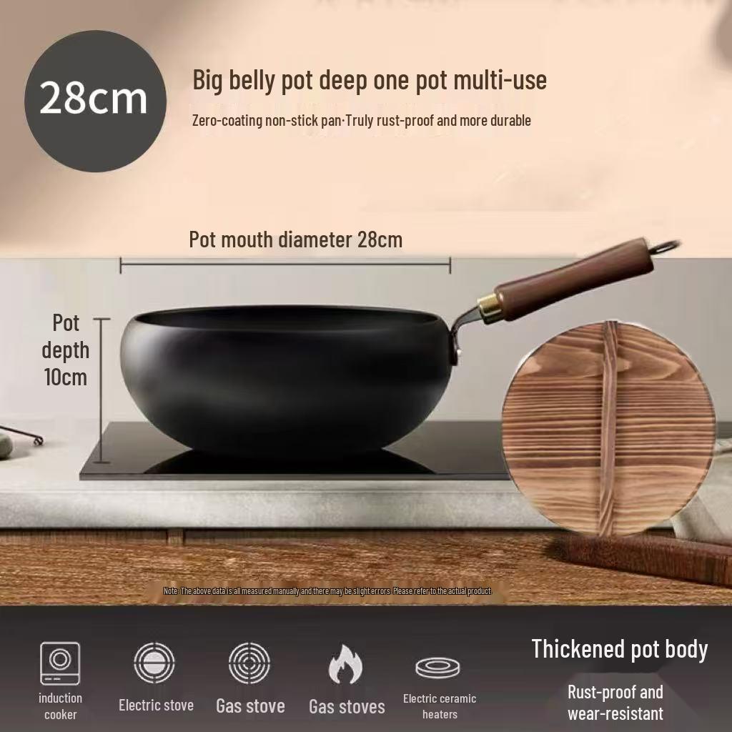 Large-Bellied Mini Wok: Flat-Bottomed Non-Coated Non-Stick Iron Pot for Stir-Frying