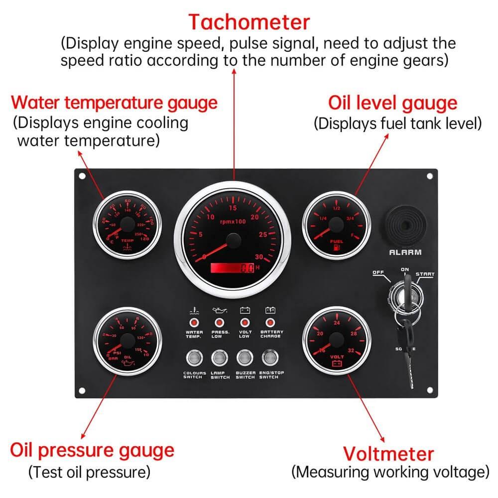 24V 5-teiliges Instrumentenset mit Armaturenbrett & Kabelbaum 0-3000 U/min für Marineboot Yacht