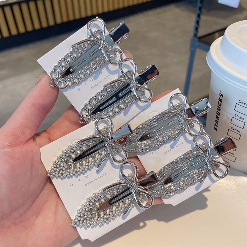 Süße Coole Mädchen Metall Schleife Entenschnabelspange Strass Perle Pony-Clip Seite Kopfschmuck Mädchen Kinder Frauen Haaraccessoires