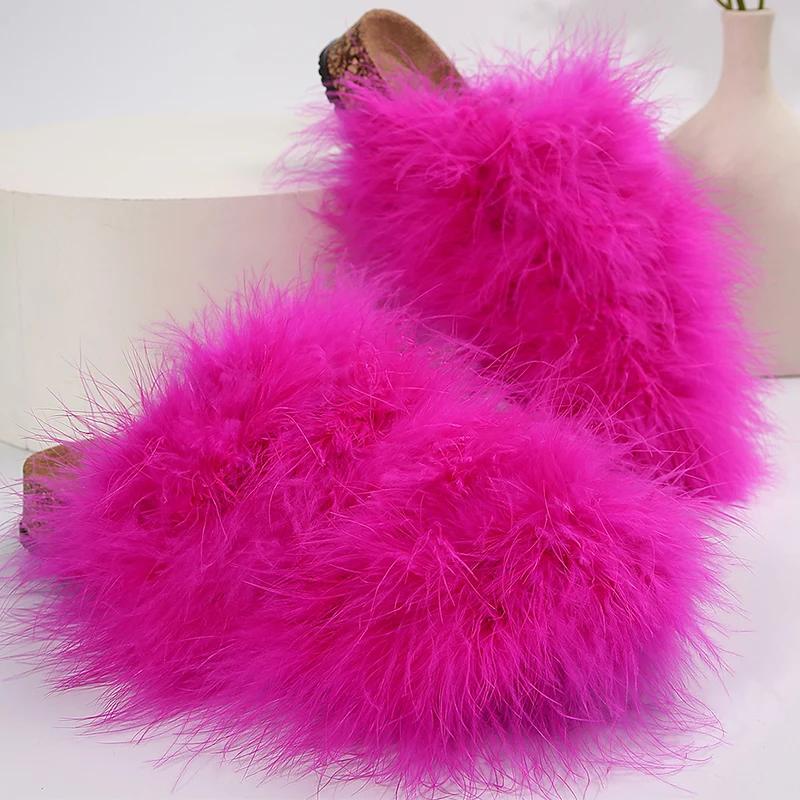 Fashion Korean Faux Fur Cotton Slippers for Women Slip On Round Toe Fur Slippers Woman Winter Non Slip Solid Color Plush Slides Female