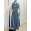 Fashion Washed Sleeveless Shirt Collar High Waist Denim Long Dress For Young Women