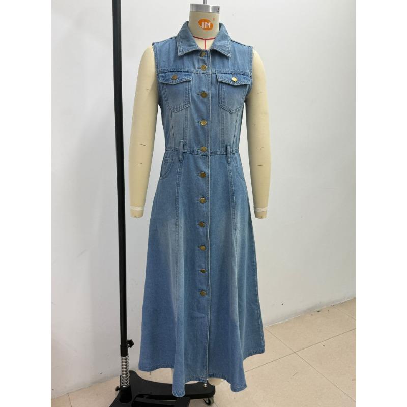 Fashion Washed Sleeveless Shirt Collar High Waist Denim Long Dress For Young Women
