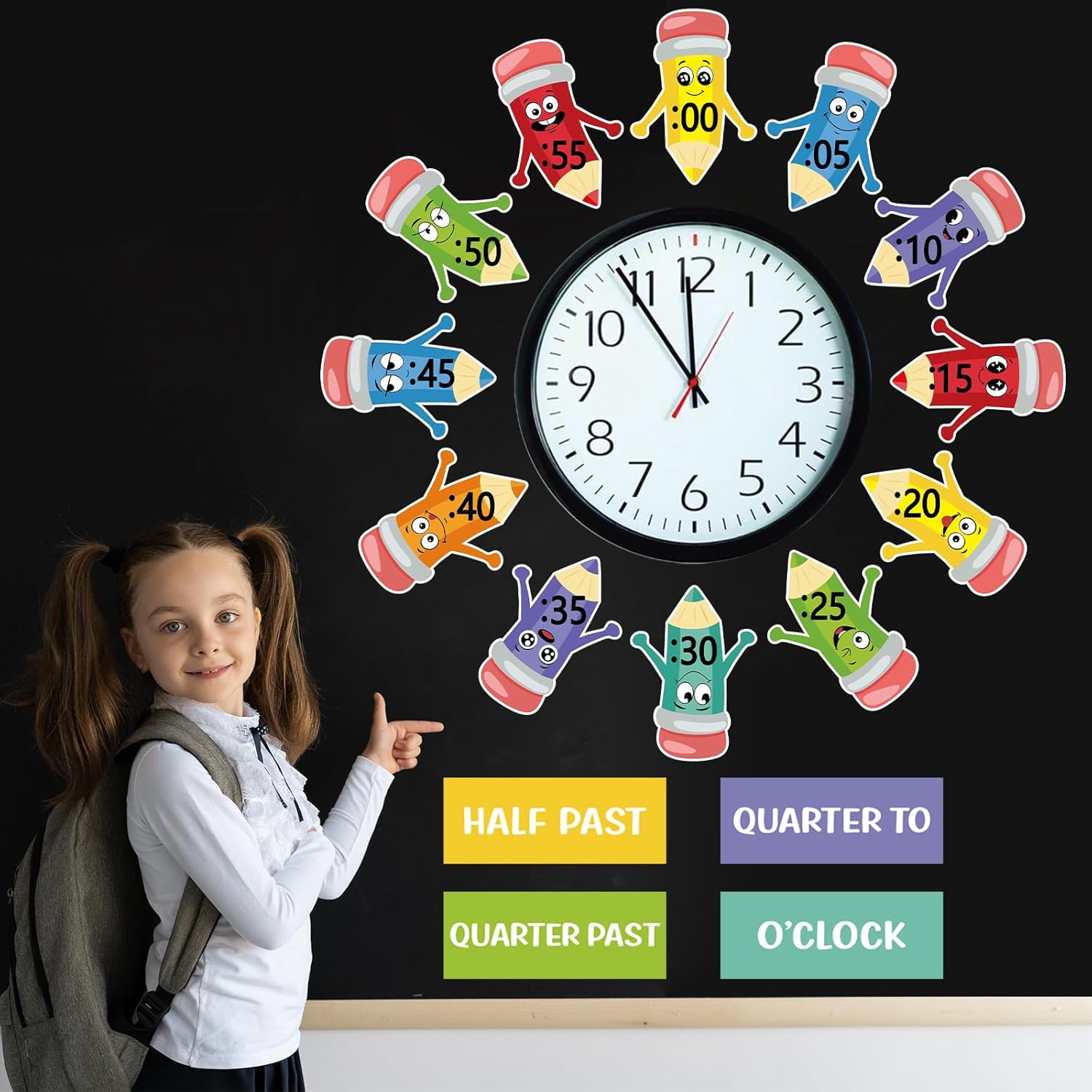Boho Rainbow Clock Numbers Bulletin Board Kits, Telling Time Teaching Clock for Kids Labels, Learning to Tell Time Cutouts for Elementary Math Pencil