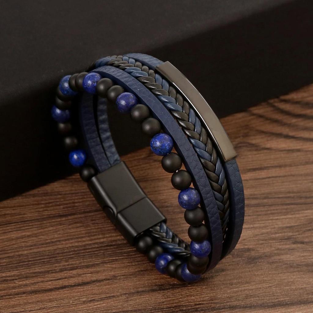 Men's Black Obsidian Beaded Bracelet with Alloy Buckle and Leather Weave