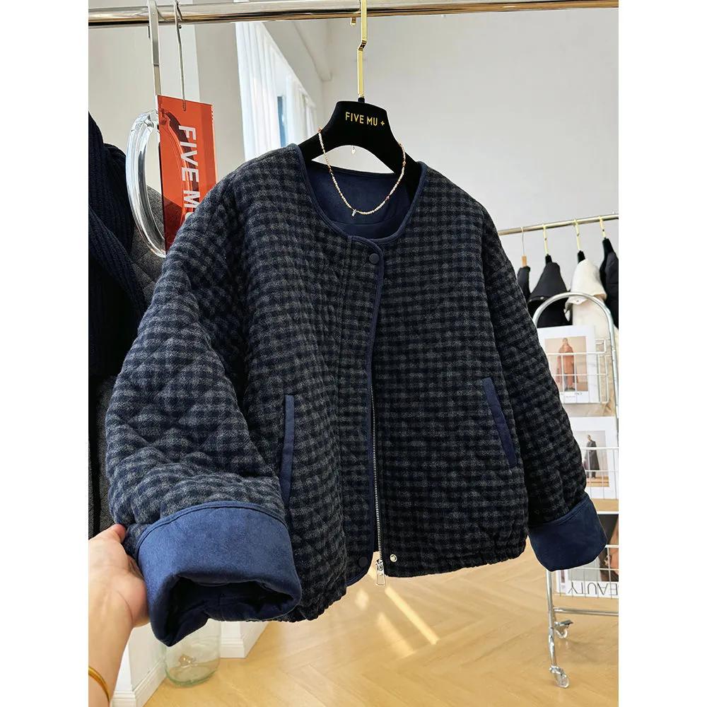 Women's Autumn Casual Warm Top Ound-neck Dark Plaid Jacket Female Long-sleeved Outer Wear Loose Coat