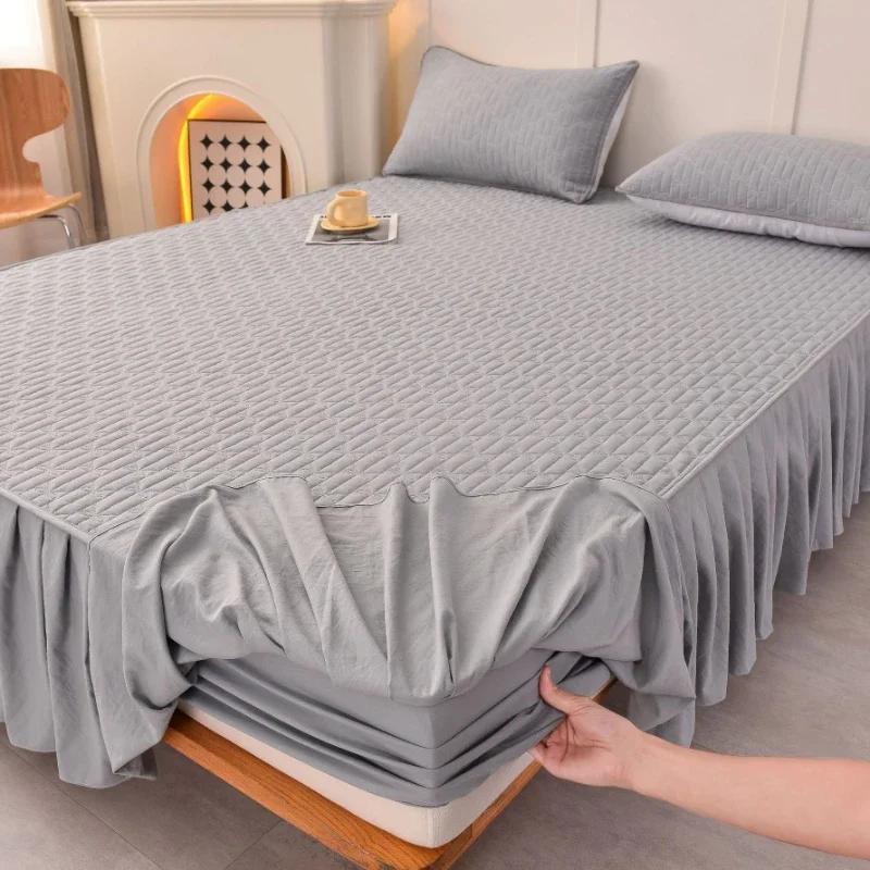 Solid Cotton Fitted Sheet Bed Skirt 2-in-1 Mattress Dust Protection Cover King Size Modern Minimalist