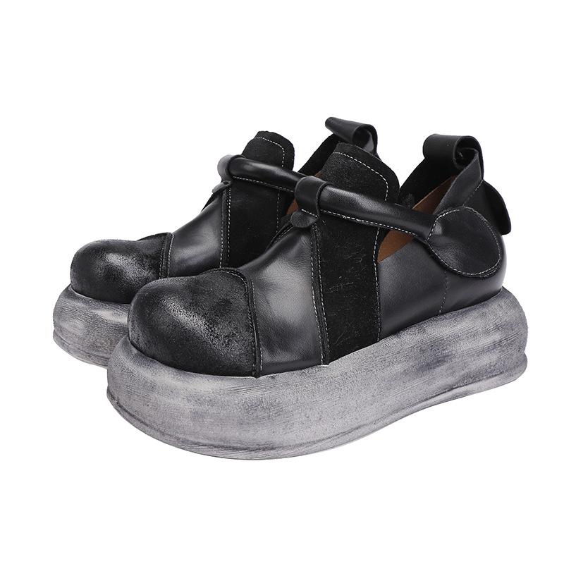 Johnature Flache Plateauschuhe aus echtem Leder für Damen, vielseitige Vintage-Schuhe mit runder Zehenpartie und dicker Sohle