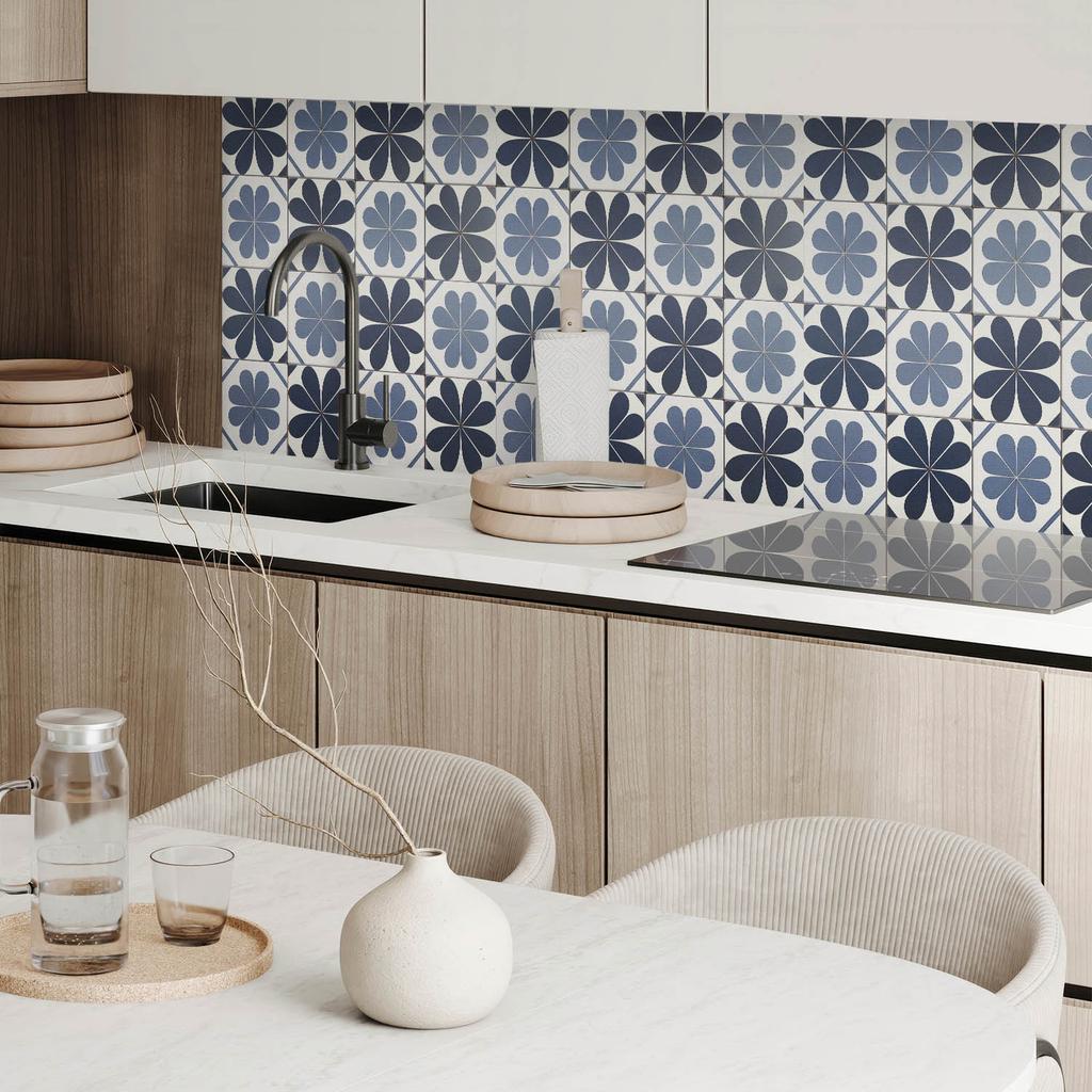 Vinyl Decorative Panel with Graphics for Kitchen or Bathroom 100x50 cm Floral Pattern on Tiles