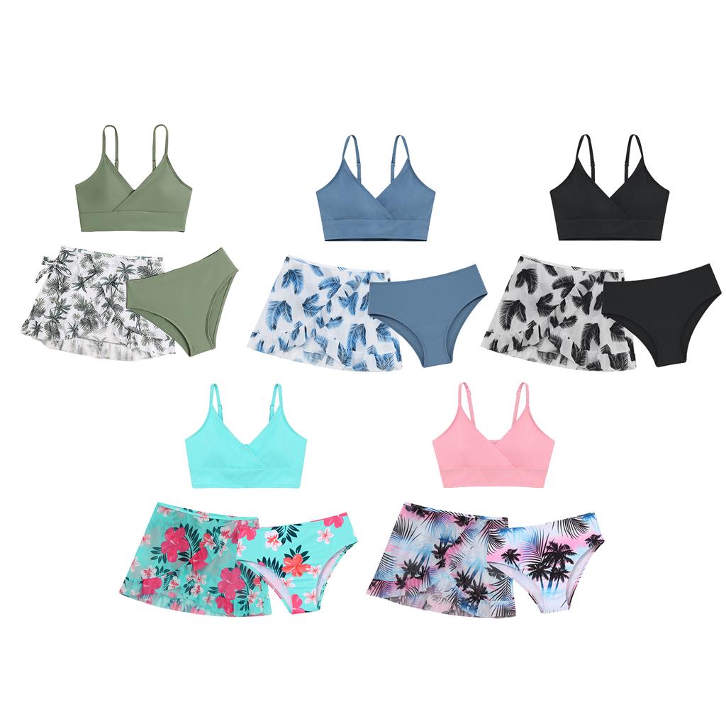 Badedrakter for jenter 3-delt polstret bikinibadedrakt med overtrekksskjørt Blomstertrykk Beach Surf Tankini badetøy