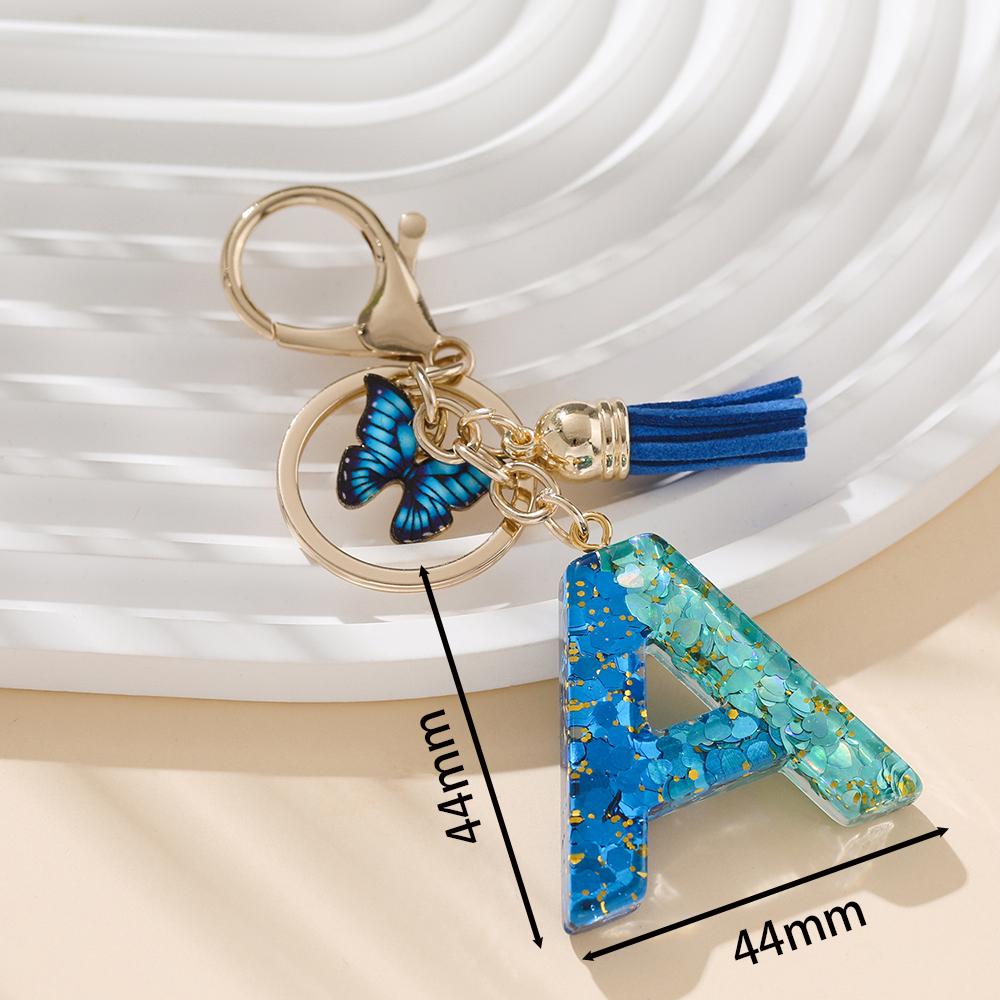 1pc Alloy Alphabet Initial Keychain Royal Blue Butterfly & Tassel Letter Keychain for Backpack Charm Accessory Key Ring Findings