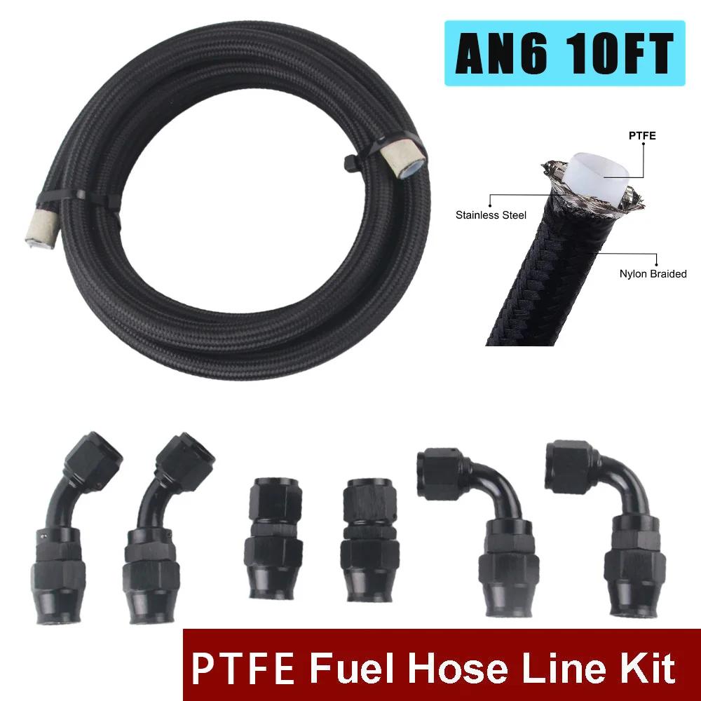AN4 AN6 AN8 AN10 PTFE Fuel Line Kit, -4AN -6AN 8AN 10ANE85 With Fuel Hose Fitting 10FT Black