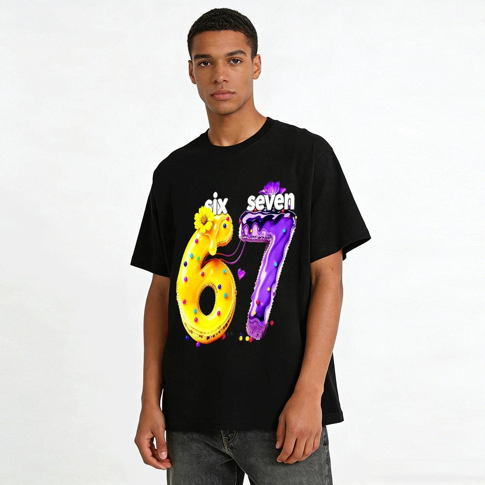 Cute Number 67 Cake Print Casual Short Sleeve Top For Kids Adults Pure Cotton T-shirt