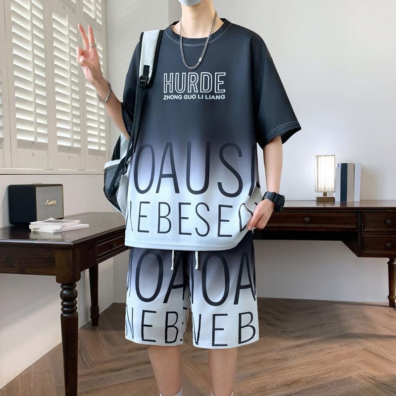 Men's Casual Loose Ice Silk Round Neck Short-sleeved T-shirt Shorts Two-piece Set