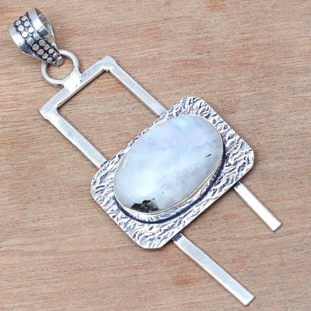 Pendant Moonstone Cabochon Gemstone Handmade Antique Silver Jewelry 2.75"