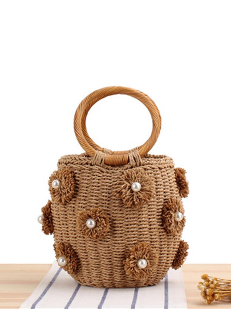 Handcrafted Fashion Bucket Bag: Pearl & Flower Woven Paper Rope Design