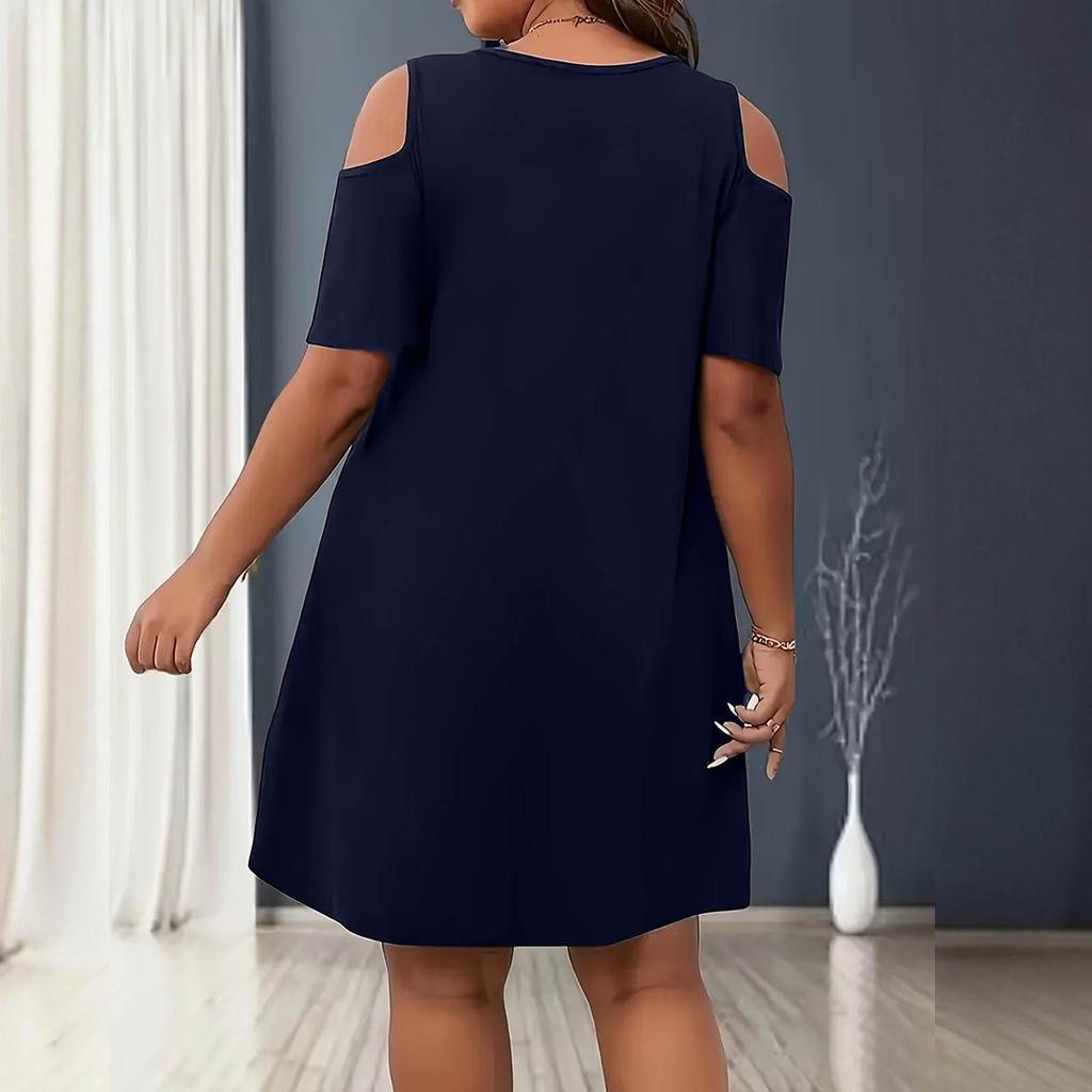 Women's Plus Size Casual Loose Fit Round Neck Short Sleeve Off-the Shoulder Dress